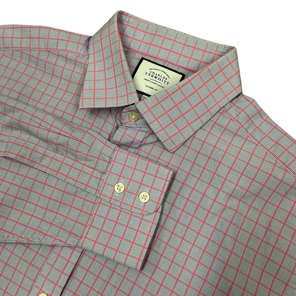 Charles Tyrwhitt Dress Shirt Mens‎ 17.5 34 Classic Fit Pink Blue Plaid Cotton